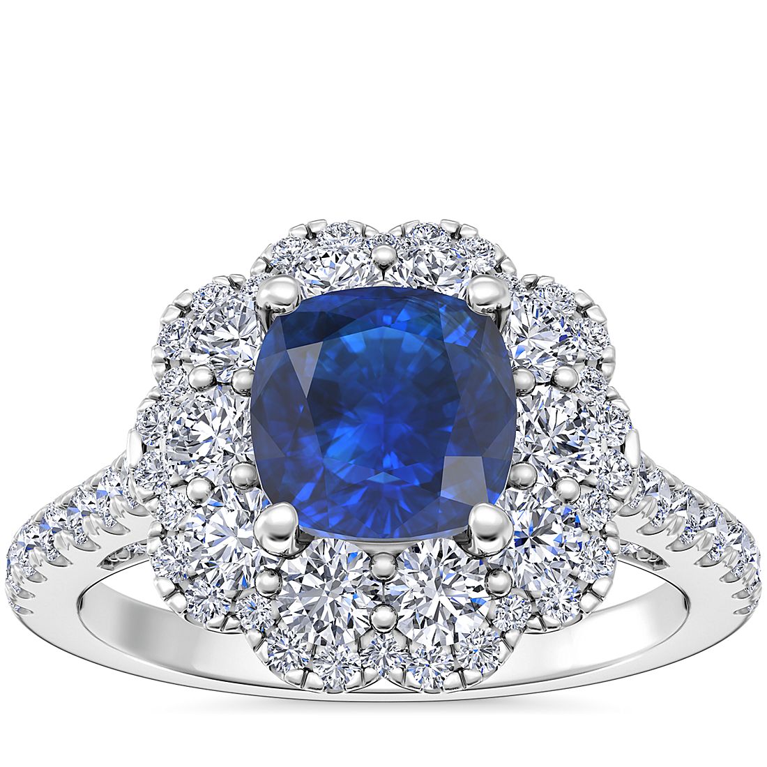 14k 白金垫形蓝宝石复古钻石光环订婚戒指（6 毫米）