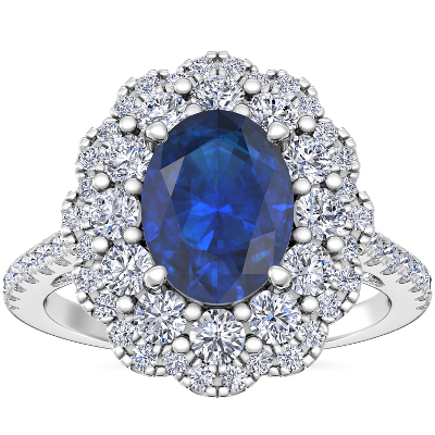 Anillo de compromiso retro con halo de diamantes y zafiro ovalado en oro de 14 k (8x6 mm) | Blue Nile
