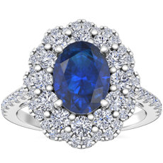 14k 白金椭圆形蓝宝石复古钻石光环订婚戒指（8x6 毫米）