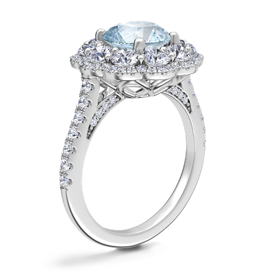Vintage Diamond Halo Engagement Ring with Round Aquamarine in 14k White Gold (8mm)