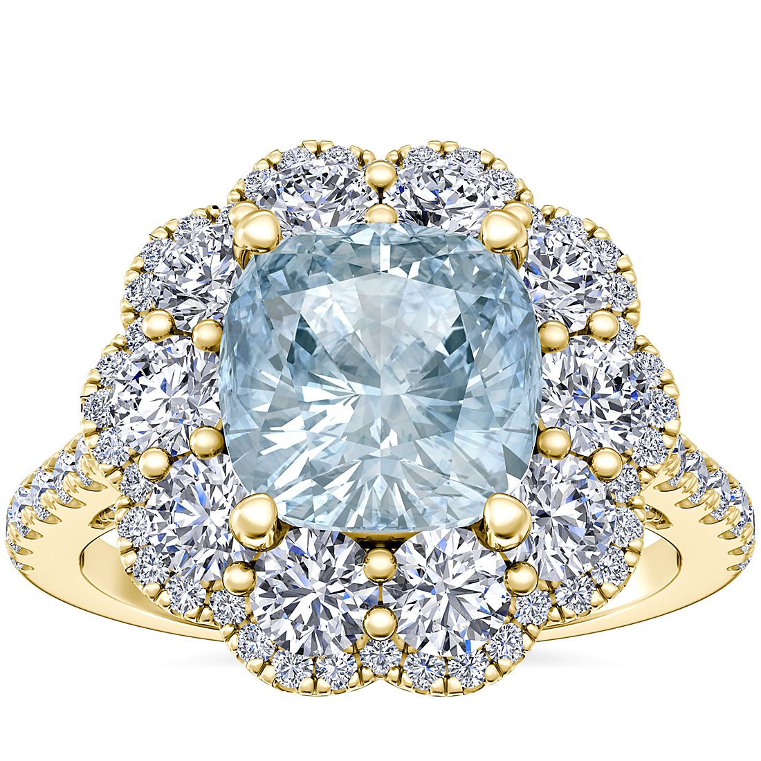 Vintage Diamond Halo Engagement Ring with Cushion Aquamarine in 14k Yellow Gold (8mm)