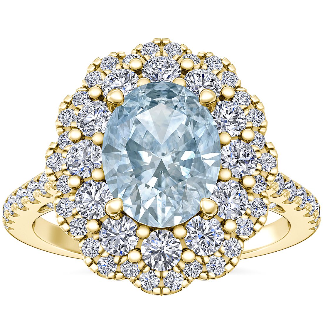 Vintage Diamond Halo Engagement Ring with Oval Aquamarine in 14k Yellow Gold (9x7mm)