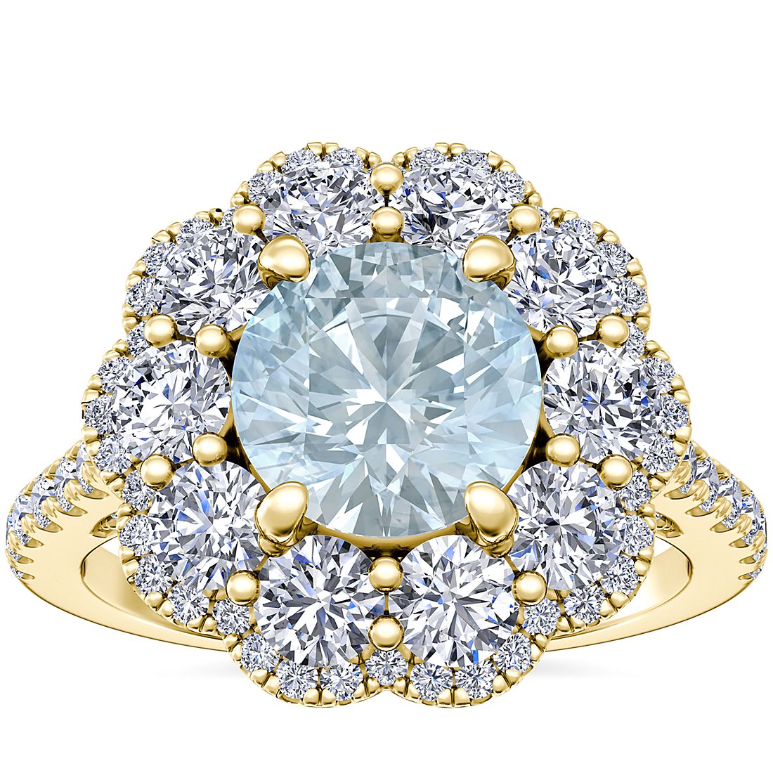 Vintage Diamond Halo Engagement Ring with Round Aquamarine in 14k Yellow Gold (6.5mm)