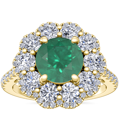 Vintage Diamond Halo Engagement Ring with Round Emerald in 14k Yellow ...