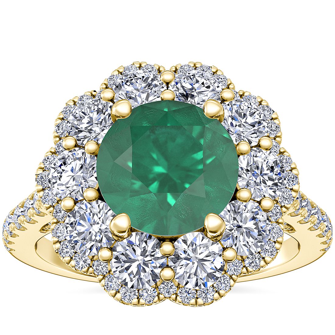 Vintage Diamond Halo Engagement Ring with Round Emerald in 14k Yellow Gold (8mm)