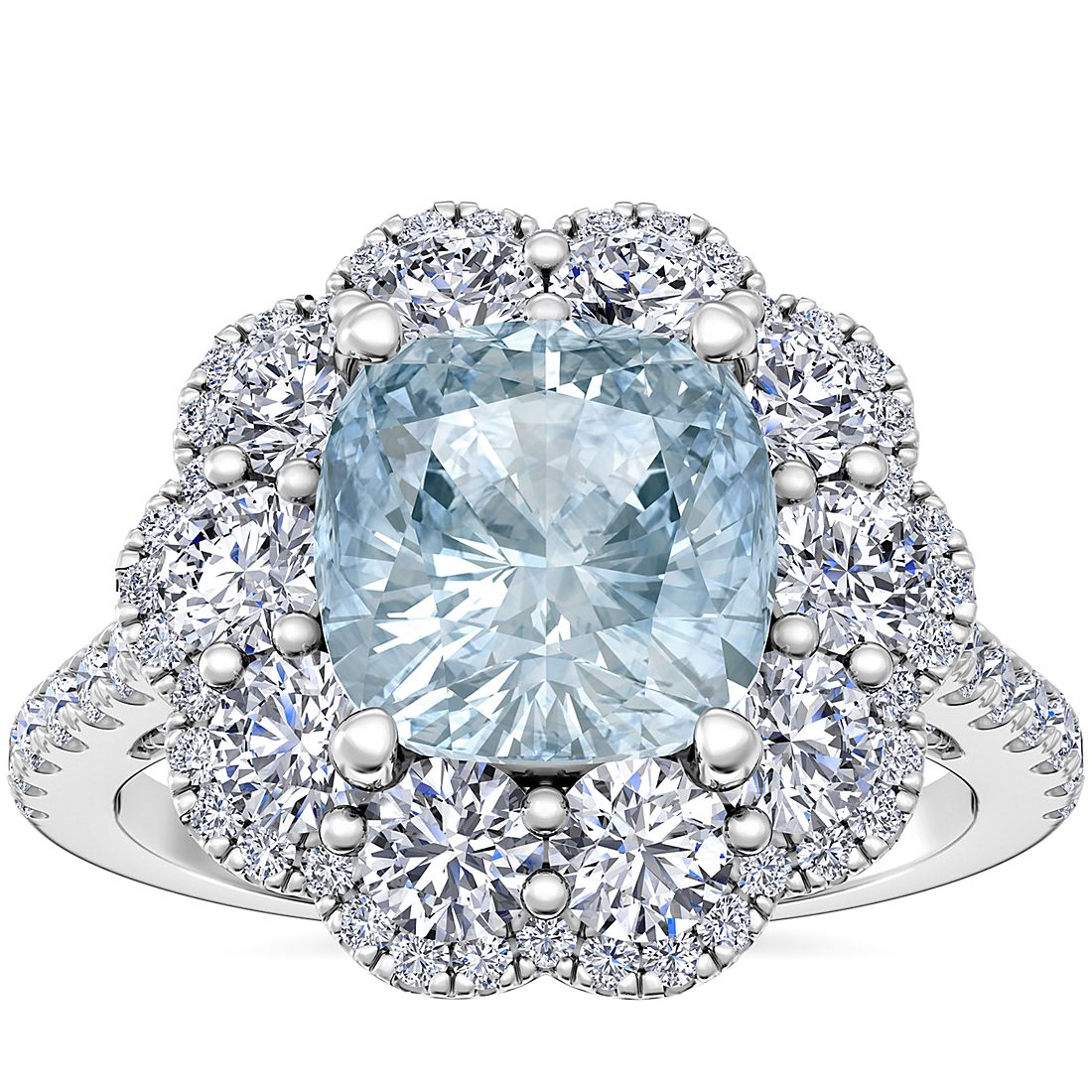 Vintage Diamond Halo Engagement Ring with Cushion Aquamarine in Platinum (8mm)