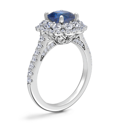 Vintage Diamond Halo Engagement Ring with Cushion Sapphire in Platinum (6mm)