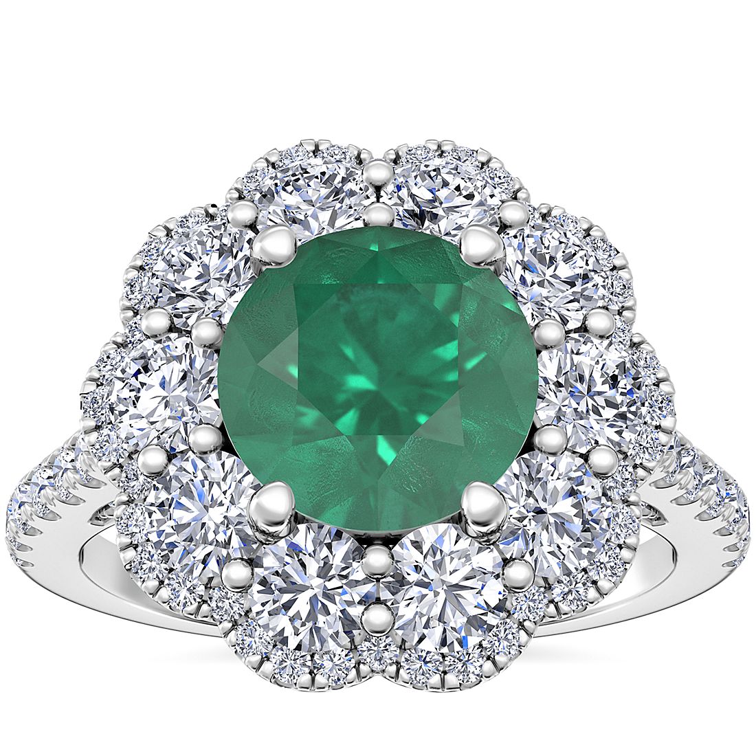 铂金圆形祖母绿复古钻石光环订婚戒指（8 毫米）