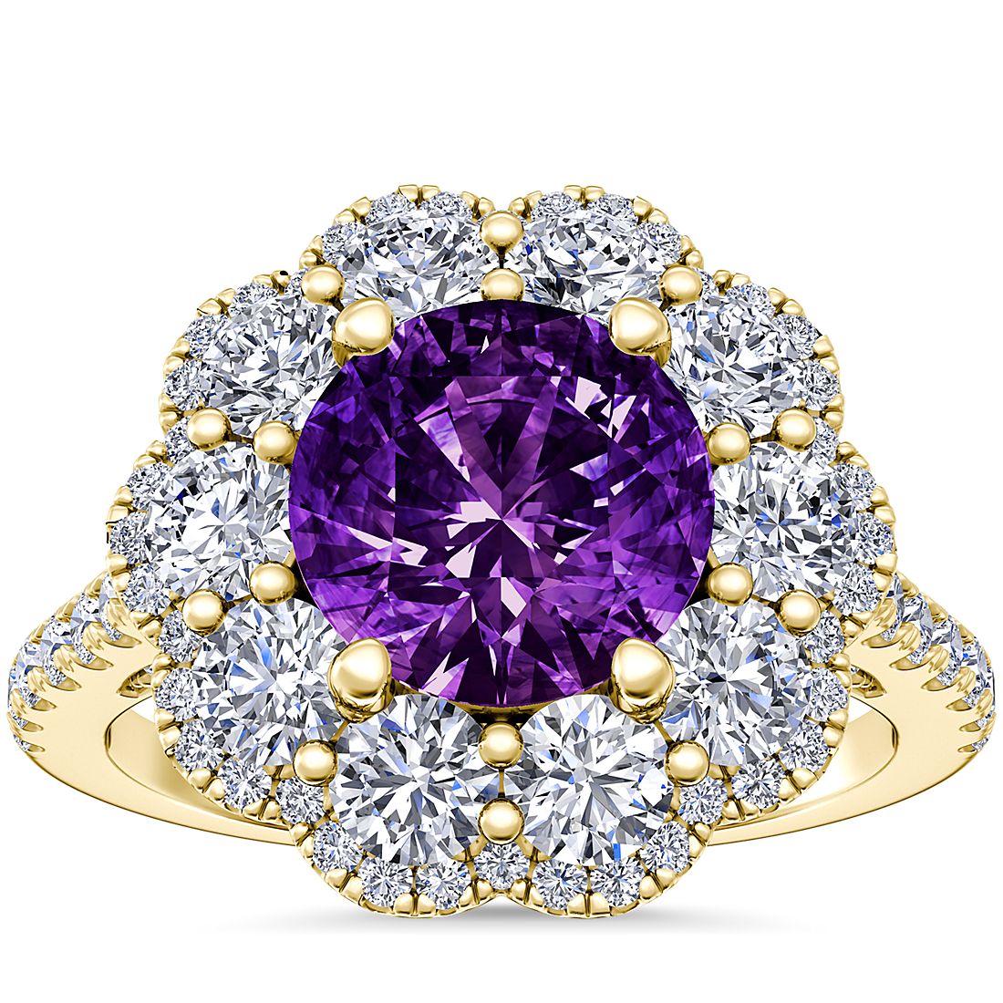 Vintage Diamond Halo Engagement Ring with Round Amethyst in 14k Yellow Gold (8mm)