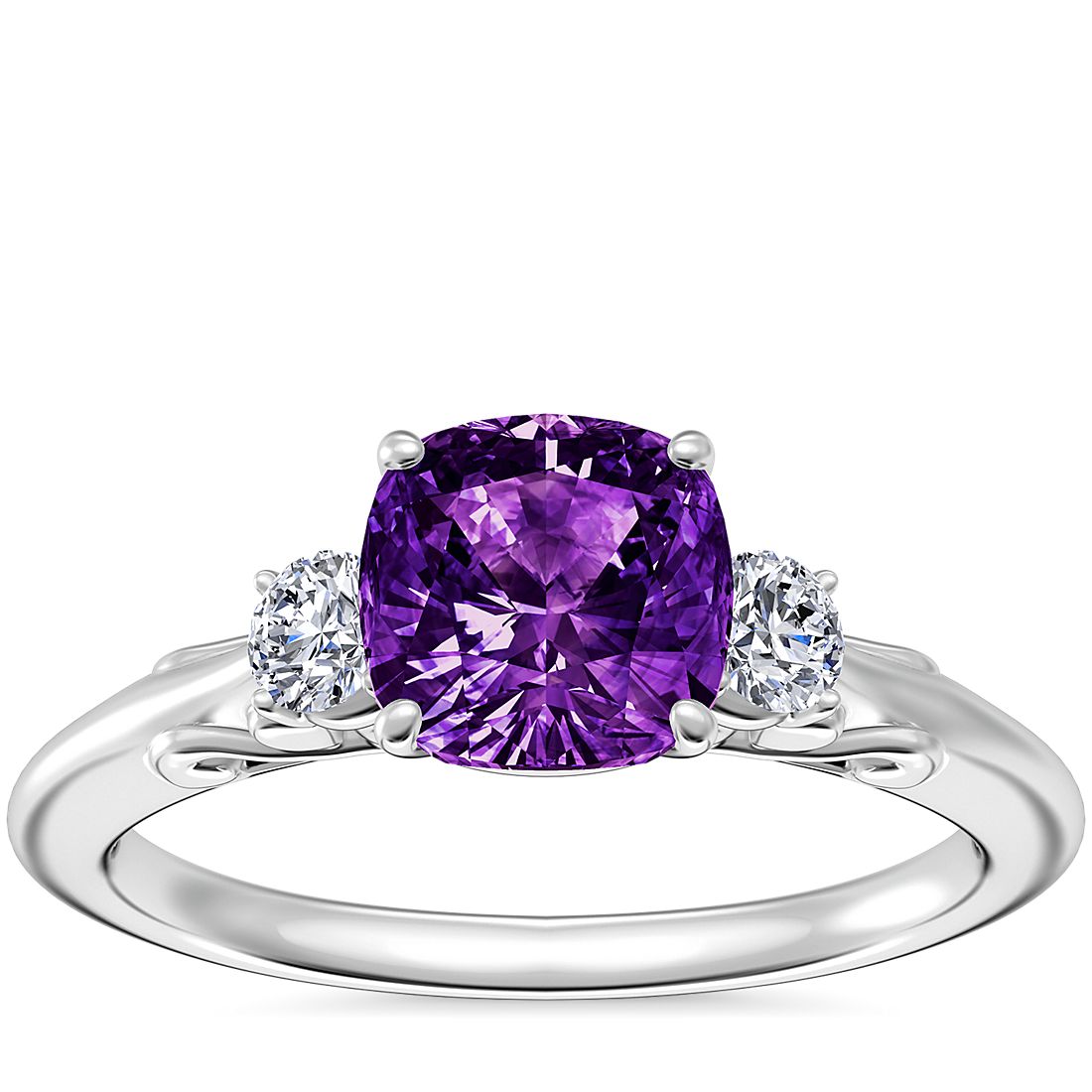 Vintage Three Stone Engagement Ring with Cushion Amethyst in Platinum (6.5mm)