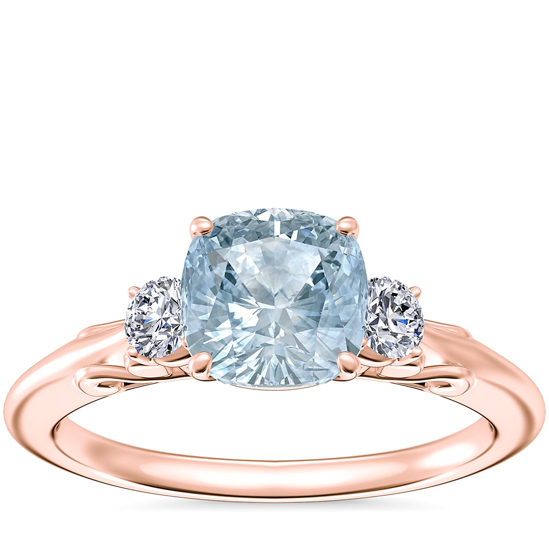 Vintage Three Stone Engagement Ring with Cushion Aquamarine in 14k Rose Gold (6.5mm)