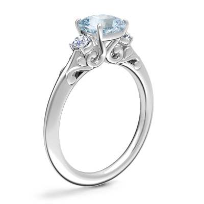 Vintage Three Stone Engagement Ring with Cushion Aquamarine in 14k White Gold (6.5mm)