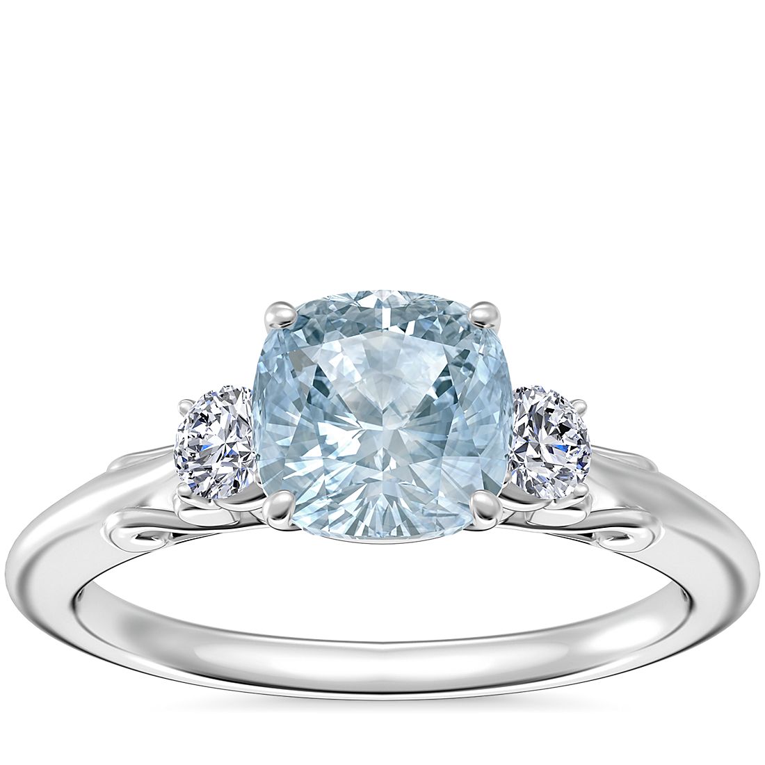 Vintage Three Stone Engagement Ring with Cushion Aquamarine in 14k White Gold (6.5mm)