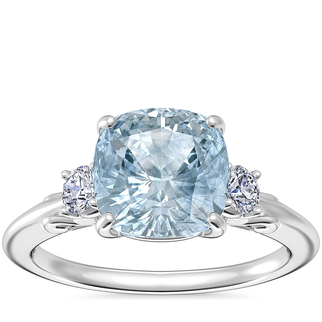 Vintage Three Stone Engagement Ring with Cushion Aquamarine in 14k White Gold (8mm)