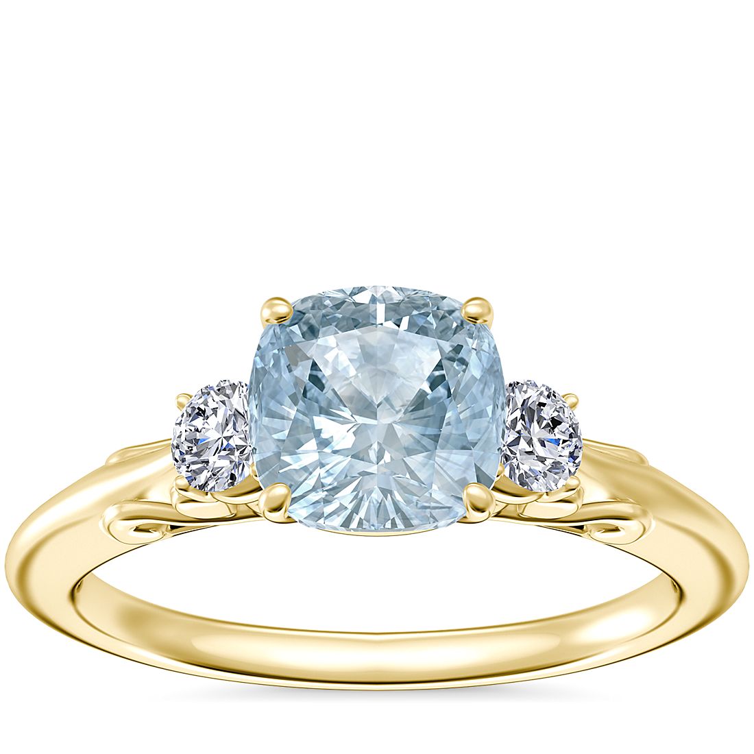 Vintage Three Stone Engagement Ring with Cushion Aquamarine in 14k Yellow Gold (6.5mm)