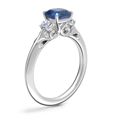 Vintage Three Stone Engagement Ring with Cushion Sapphire in Platinum (6mm)