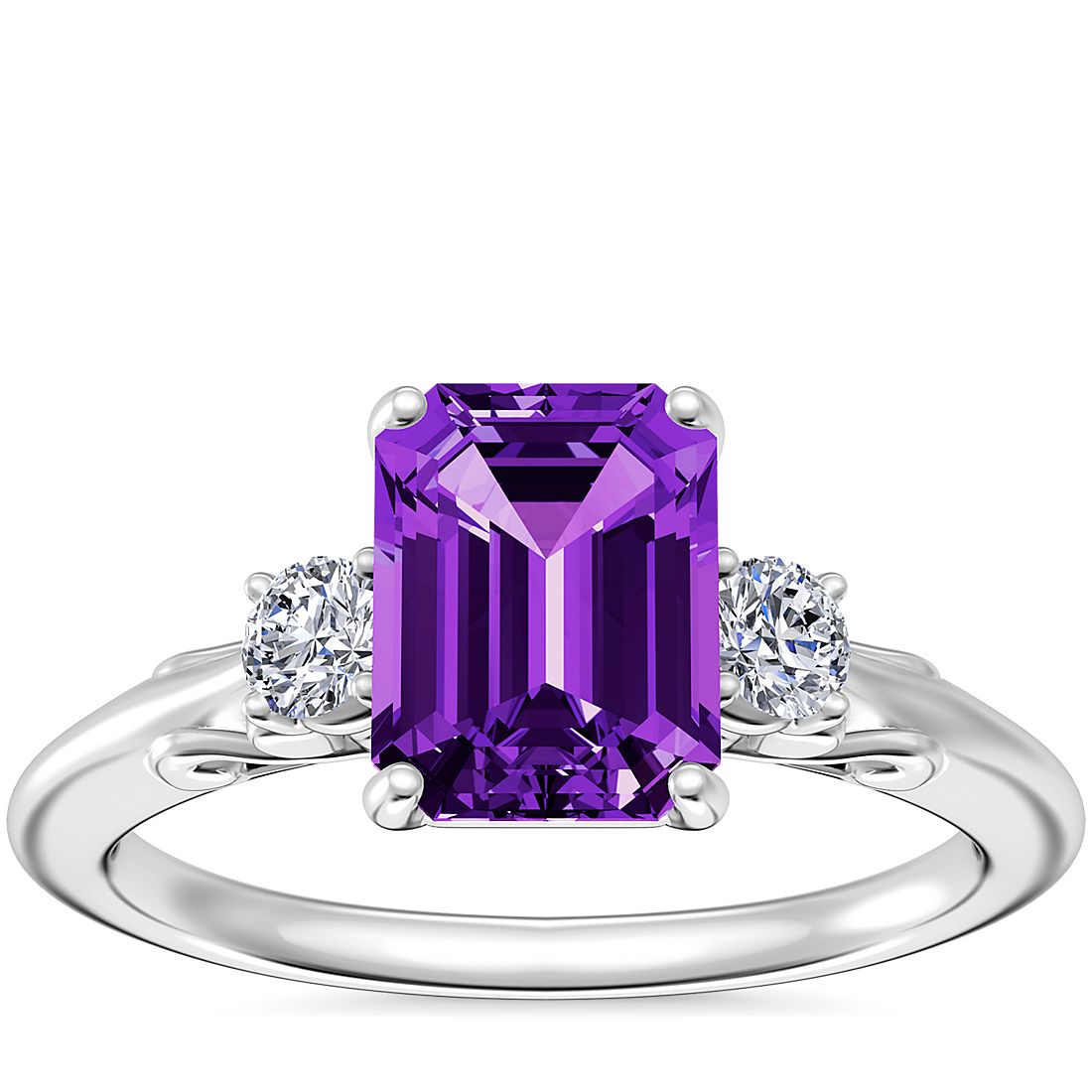 Vintage Three Stone Engagement Ring with Emerald-Cut Amethyst in Platinum (8x6mm)