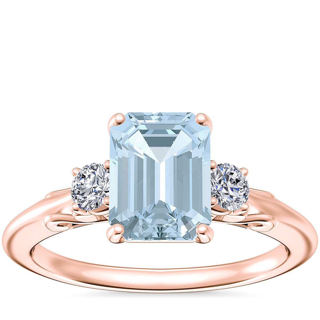 Vintage Three Stone Engagement Ring with Emerald-Cut Aquamarine in 14k Rose Gold (8x6mm)
