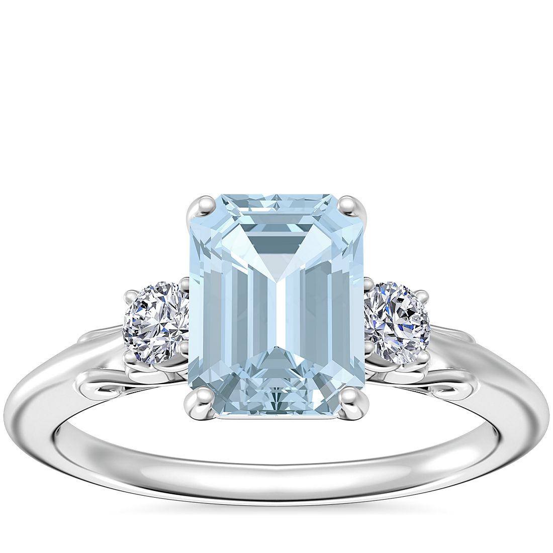 Vintage Three Stone Engagement Ring with Emerald-Cut Aquamarine in 14k White Gold (8x6mm)