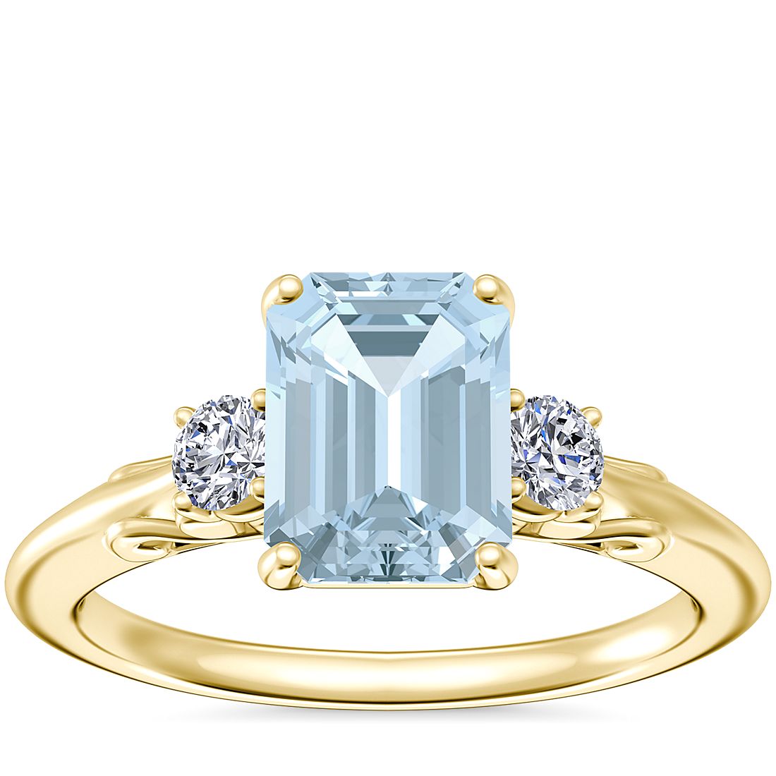 Vintage Three Stone Engagement Ring with Emerald-Cut Aquamarine in 14k Yellow Gold (8x6mm)