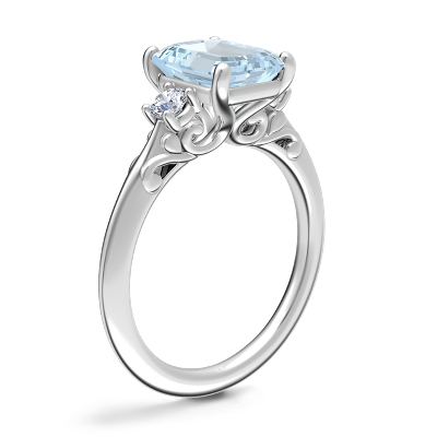 Vintage Three Stone Engagement Ring with Emerald-Cut Aquamarine in Platinum (9x7mm)