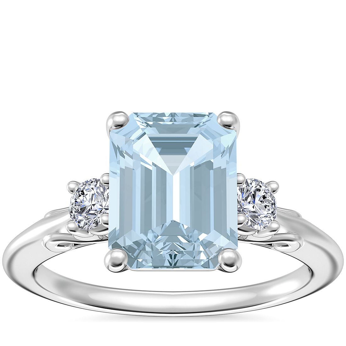 Vintage Three Stone Engagement Ring with Emerald-Cut Aquamarine in Platinum (9x7mm)