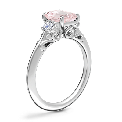 Vintage Three Stone Engagement Ring with Emerald-Cut Morganite in Platinum (8x6mm)