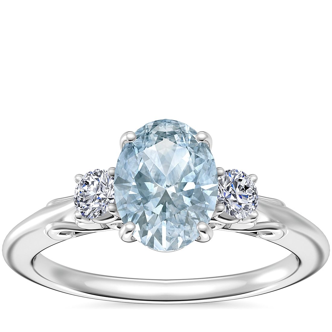 Vintage Three Stone Engagement Ring with Oval Aquamarine in 14k White Gold (8x6mm)