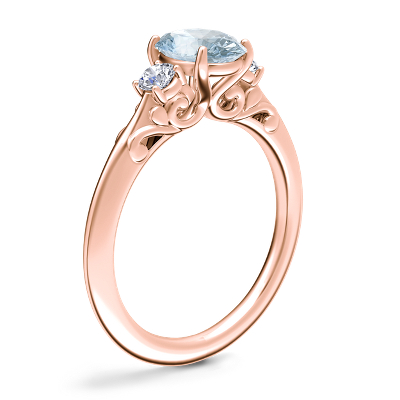 Anillo de compromiso retro de tres diamantes con aguamarina ovalada  en oro rosado de 18 k (8x6 mm)