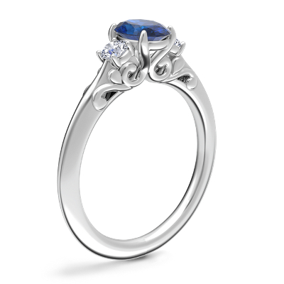 Vintage Three Stone Engagement Ring with Oval Sapphire in Platinum (7x5mm)