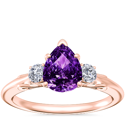 Vintage Three Stone Engagement Ring with Pear-Shaped Amethyst in