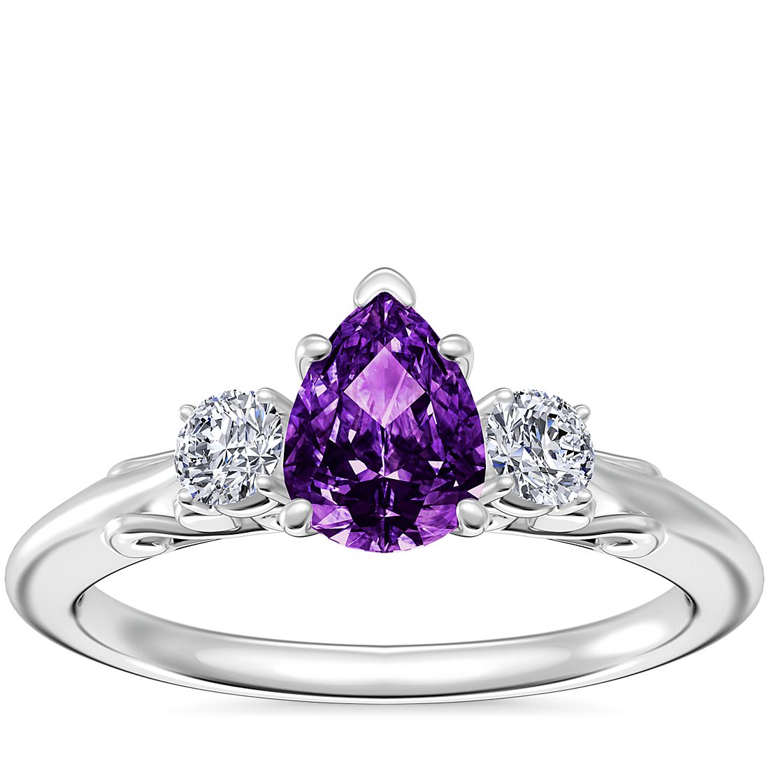 Vintage Three Stone Engagement Ring with Pear-Shaped Amethyst in Platinum (7x5mm)