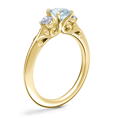 Vintage Three Stone Engagement Ring with Pear-Shaped Aquamarine in 18k Yellow Gold (7x5mm)