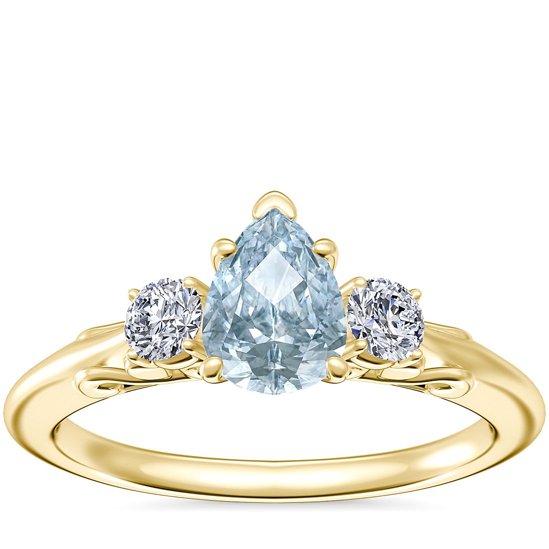 Vintage Three Stone Engagement Ring with Pear-Shaped Aquamarine in 18k Yellow Gold (7x5mm)