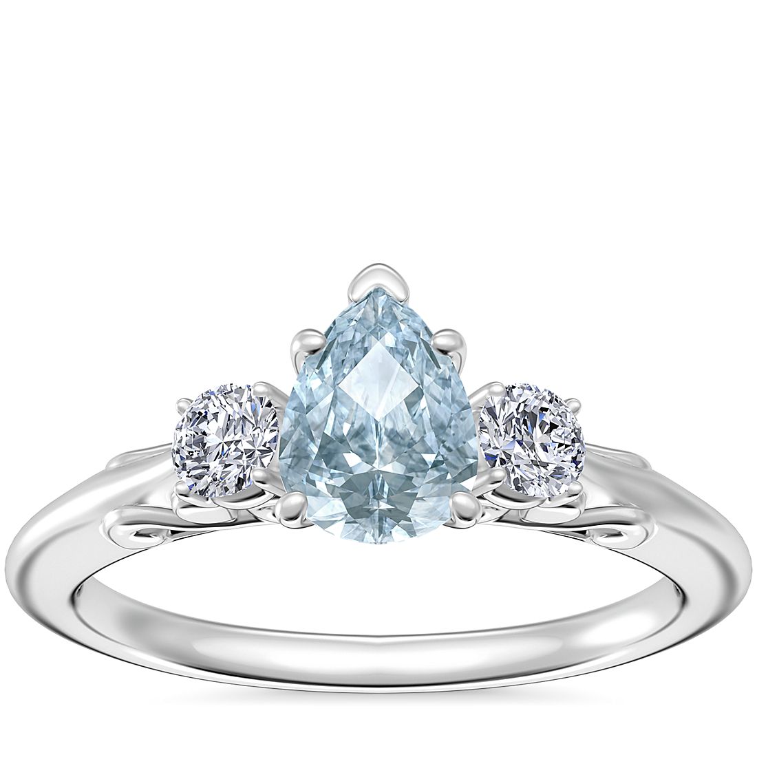 Vintage Three Stone Engagement Ring with Pear-Shaped Aquamarine in Platinum (7x5mm)