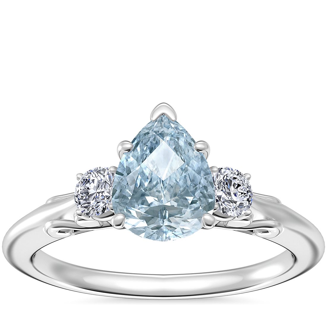 Vintage Three Stone Engagement Ring with Pear-Shaped Aquamarine in Platinum (8x6mm)