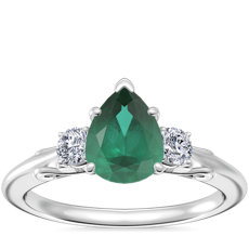 NEW Vintage Three Stone Engagement Ring with Pear-Shaped Emerald in Platinum (8x6mm)