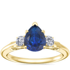 Vintage Three Stone Engagement Ring with Pear-Shaped Sapphire in 14k Yellow Gold (8x6mm)