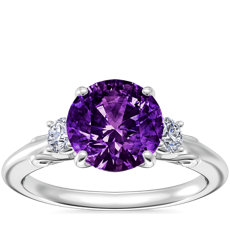 Vintage Three Stone Engagement Ring with Round Amethyst in 14k White Gold (8mm)