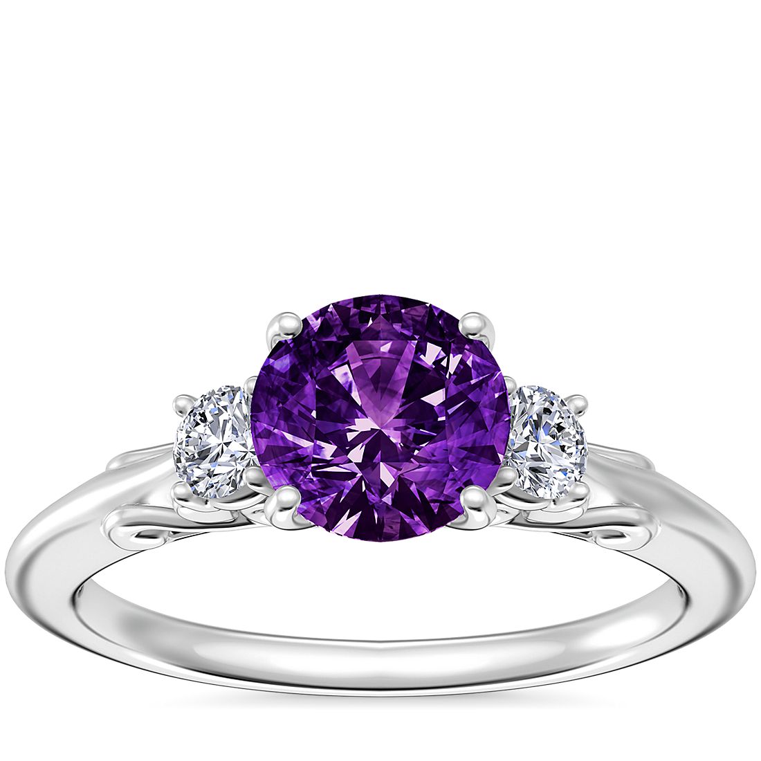 Vintage Three Stone Engagement Ring with Round Amethyst in 18k White Gold (6.5mm)