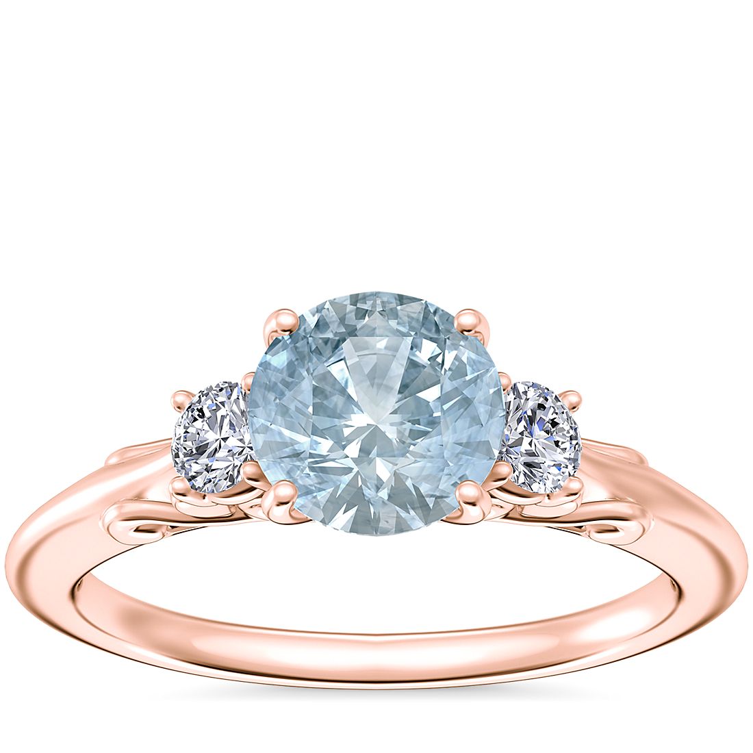 Vintage Three Stone Engagement Ring with Round Aquamarine in 14k Rose Gold (6.5mm)