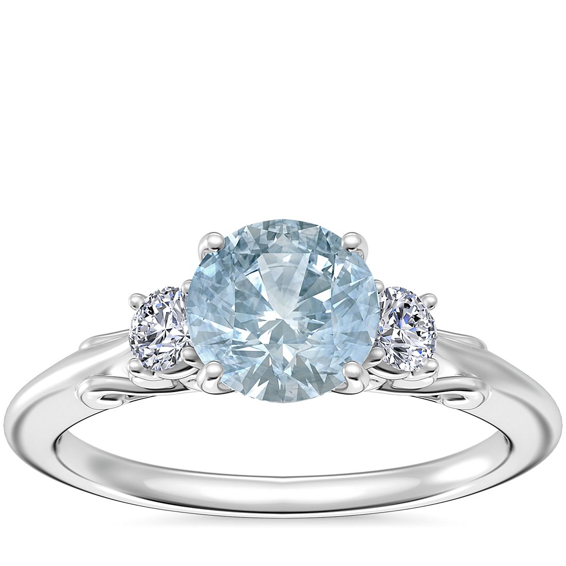 Vintage Three Stone Engagement Ring with Round Aquamarine in 14k White Gold (6.5mm)