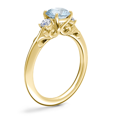 Vintage Three Stone Engagement Ring with Round Aquamarine in 14k Yellow Gold (6.5mm)