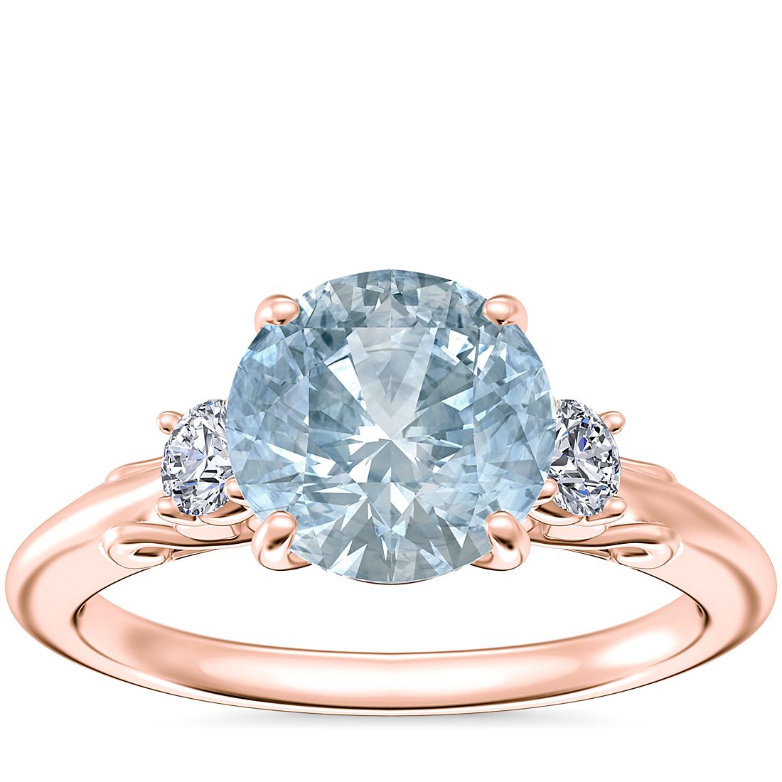 Vintage Three Stone Engagement Ring with Round Aquamarine in 18k Rose Gold (8mm)
