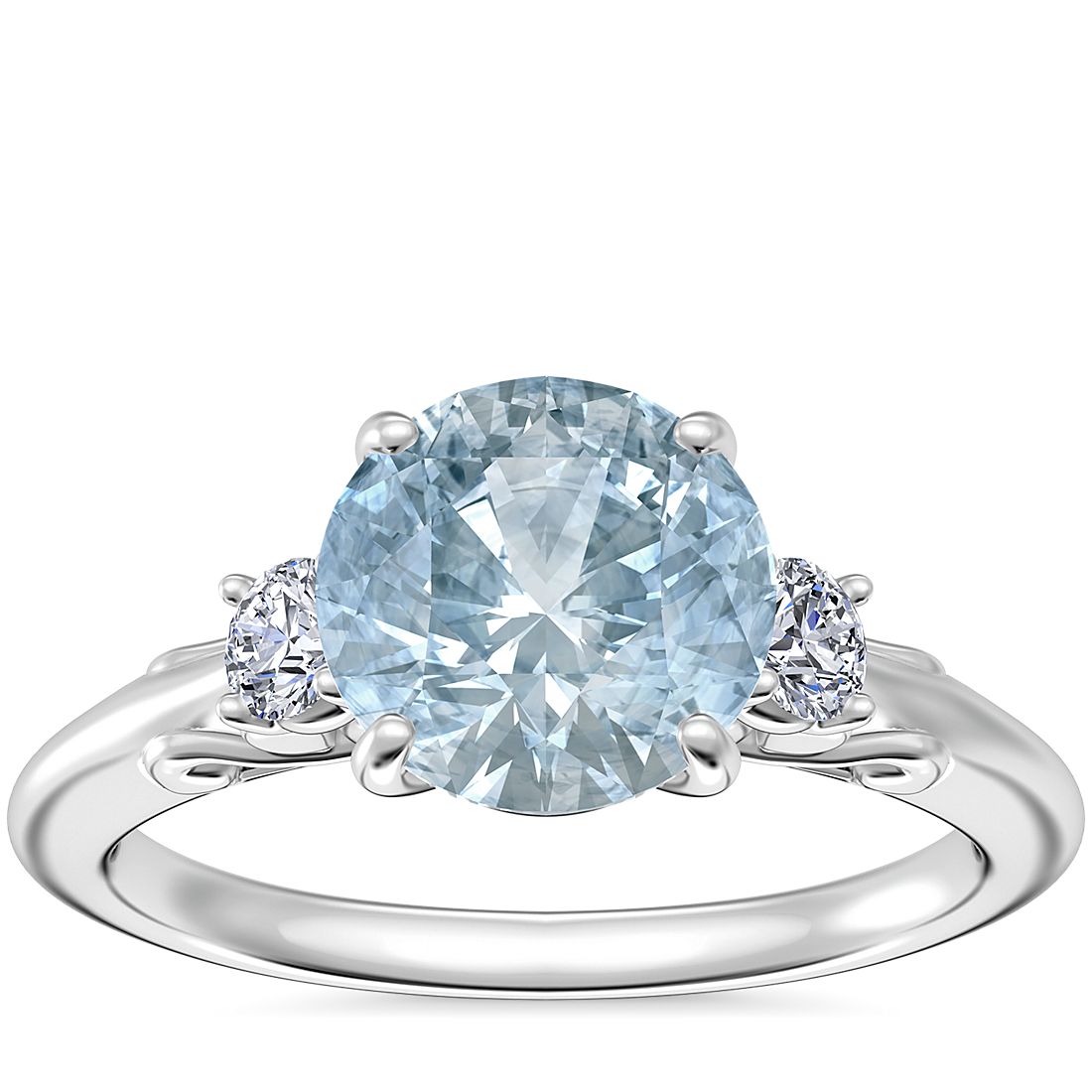 Vintage Three Stone Engagement Ring with Round Aquamarine in 18k White Gold (8mm)