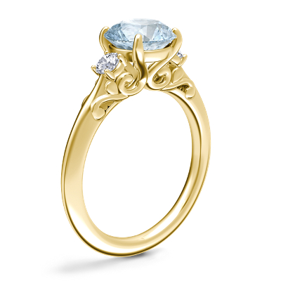 Vintage Three Stone Engagement Ring with Round Aquamarine in 18k Yellow Gold (8mm)