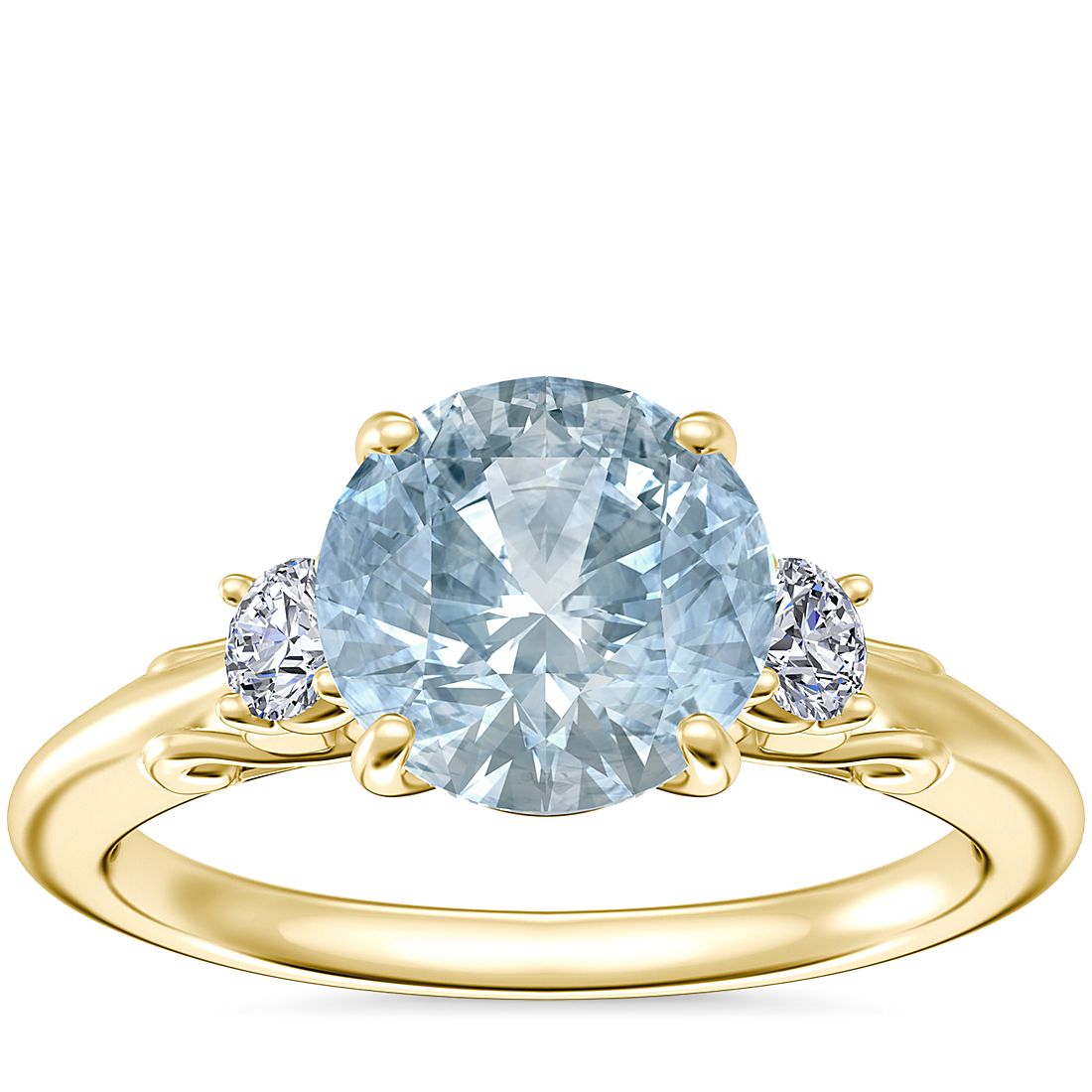 Vintage Three Stone Engagement Ring with Round Aquamarine in 18k Yellow Gold (8mm)