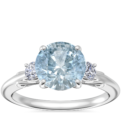 Vintage Three Stone Engagement Ring with Round Aquamarine in Platinum (8mm)