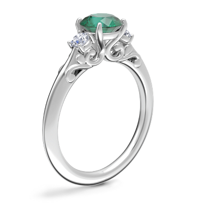 Vintage Three Stone Engagement Ring with Round Emerald in 14k White Gold (6.5mm)