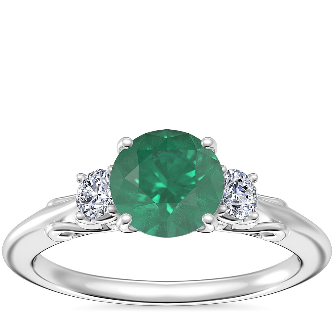 Vintage Three Stone Engagement Ring with Round Emerald in 14k White Gold (6.5mm)